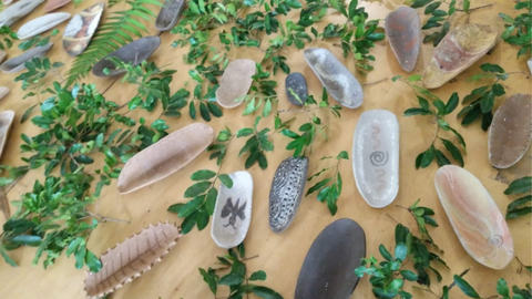 Collection of clay pieces on brown background