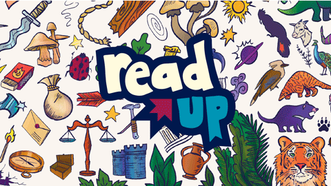Read up logo with images on animals and items on a white background with read up in the middle with a red arrow pointing up.