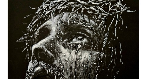 Black and white drawing of Jesus