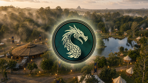 Dragon head in a circle with a city background