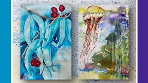 Watercolour paintings of gum tree leaves and jelly fish from the artist