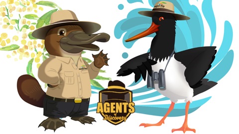 A cartoon graphic showing a platypus in a rangers outfit in front of wattle and a black and white seabird with binoculars in front of a wave