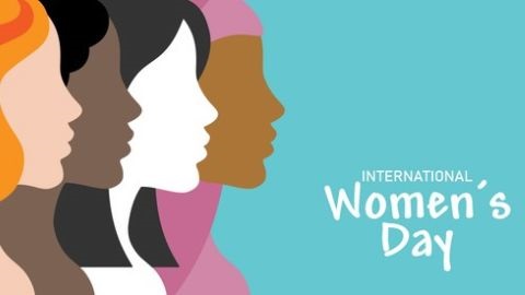 Graphic of four women's faces in profile on blue background