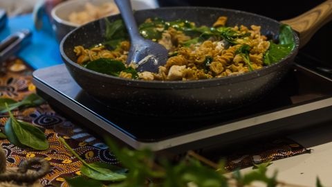 Bowl of pasta with indigenous tablecloth