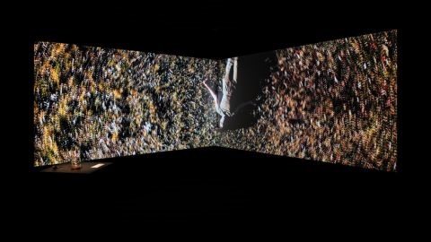 Person lying on textured earth graphic