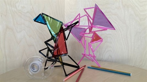 Coloured plastic and straw sculptures