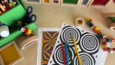 Art supplies and geometric drawings