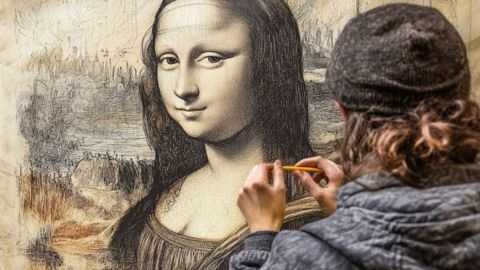 Person sketching a Mona Lisa copy