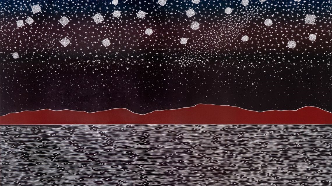 Red black and white indigenous painting of night sky