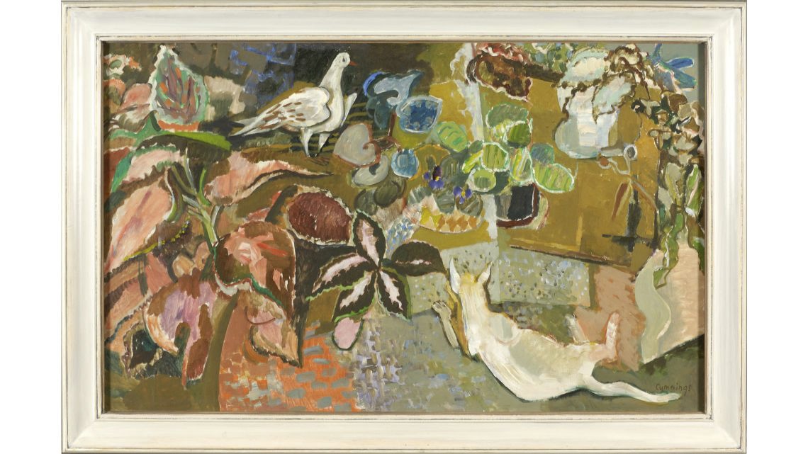 Painting of a cat lying in leaves
