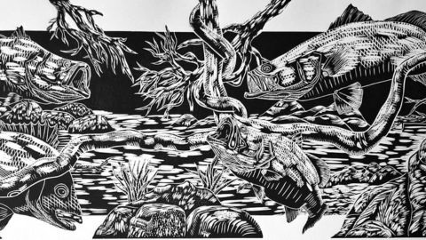 Black and white lino print of fish