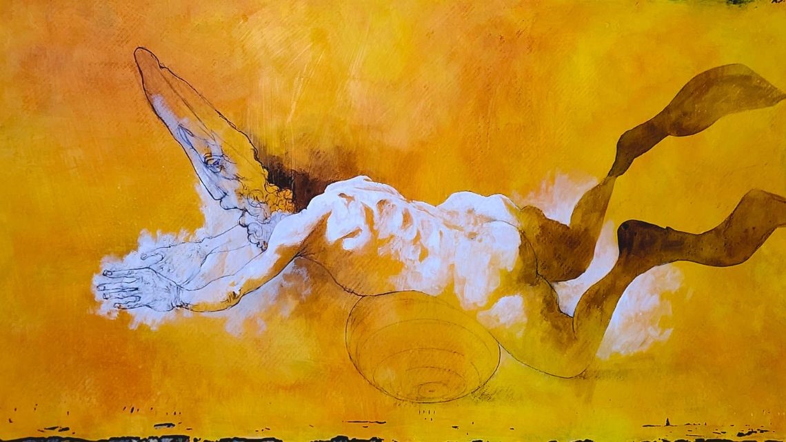 Cartoon image of a naked man swimming with flippers