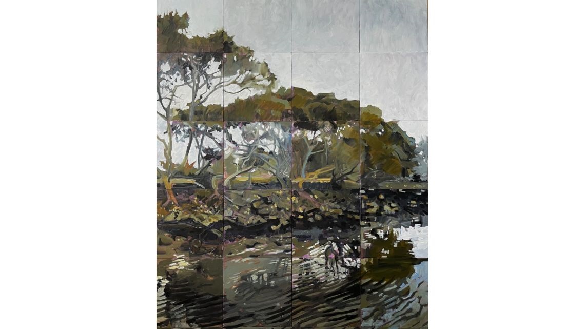 Collage painting of a gum tree by a lake