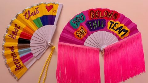 Two yellow and pink fans