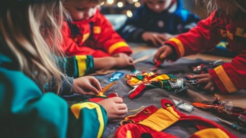Kids sewing with textiles