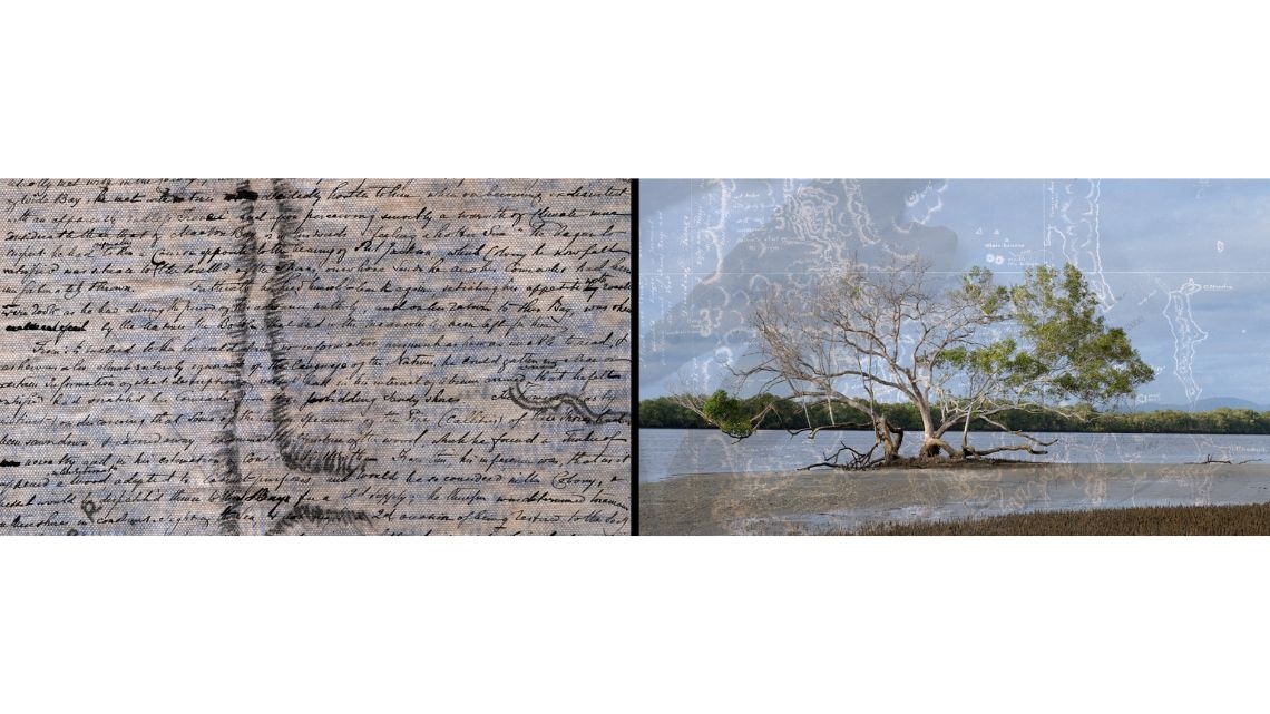 Two paintings including cursive text and Australian landscape