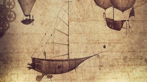 Sepia-toned drawing of ancient boat and hot air balloons