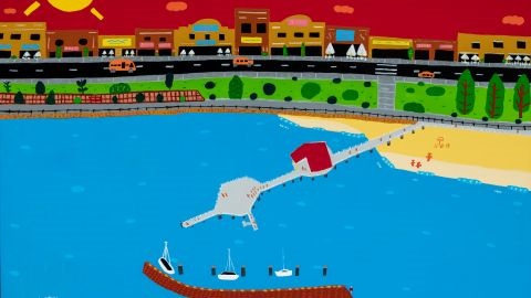 Painting of a sunset beach scene with red sky