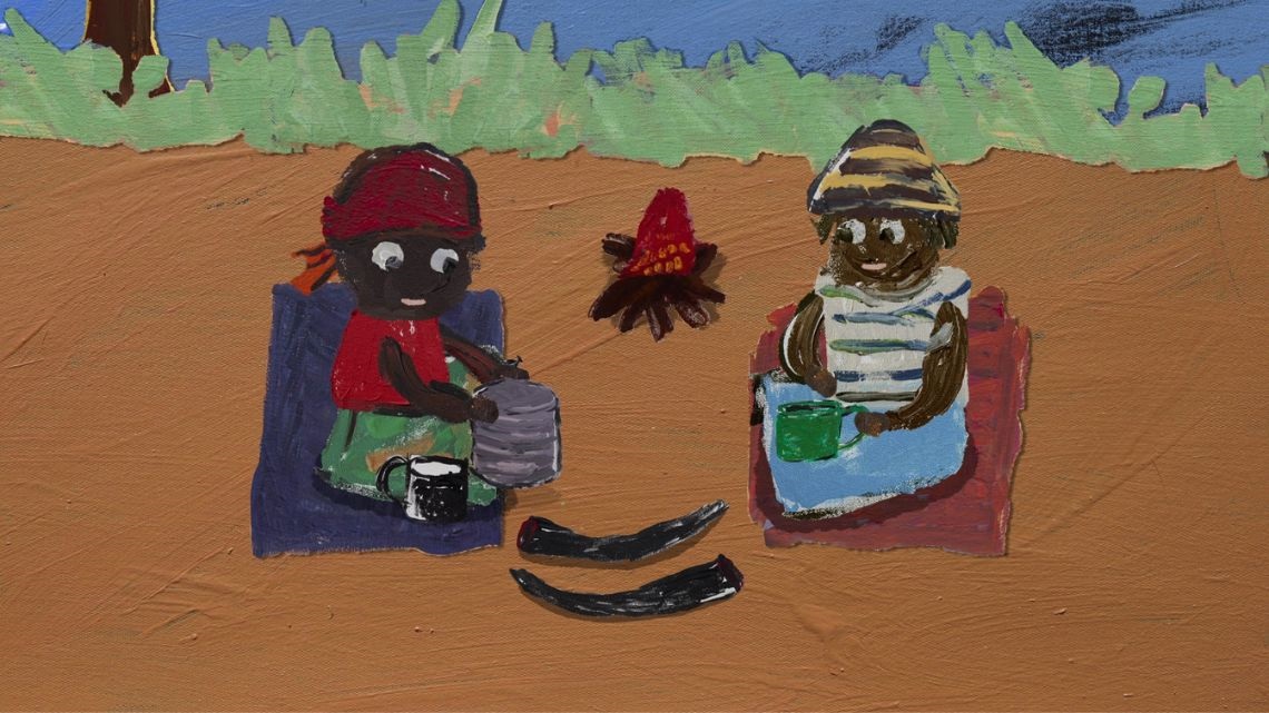 Painting of two indigenous girls sitting by campfire
