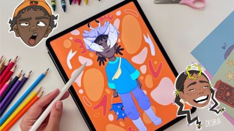 Digital device showing a cartoon character on orange background