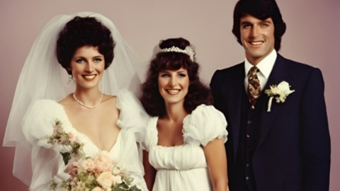 A bride, groom, and bridesmaid standing together