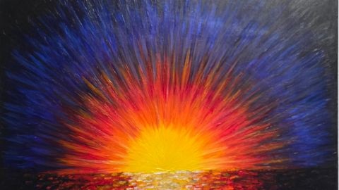 Artist's paitning of sunset with indigo background