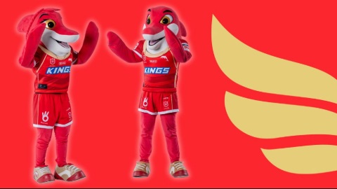 The Dophins NRL mascots, Phiny and Sandy, dressed in all red with a red background.