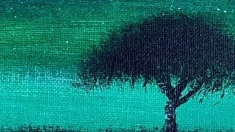 Blue-green painting with black tree silhouette