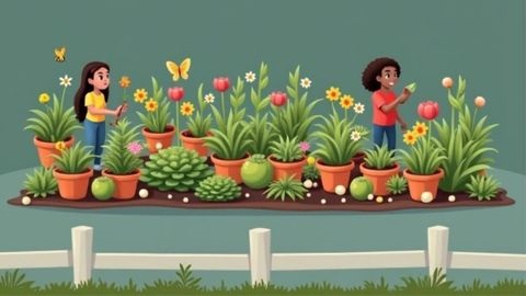 Stylised graphic of people in a garden with a wooden fence