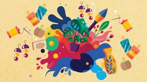 Craftival graphic with paint brushes and splotches