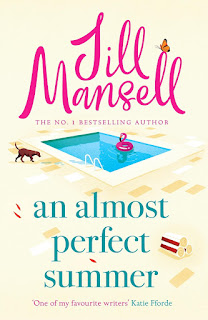 a book cover with the background being a soft yellow and pink and blue writing. The images have a pool and a dog.