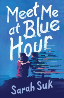 A book cover with a dark and light blue background and white writing. The image has a girl and a man on the front cover.