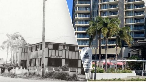 Collage of the original building and current building at Redcliffe