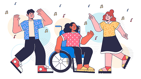 A cartoon graphic of three people dancing, there is one person who uses a wheelchair, and they're dancing surrounded by music symbols.