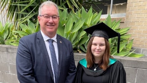 Moreton Bay Mayor Peter Flannery with UniSC graduate and inaugural MBRC Scholarship student Chantelle Brooks 
