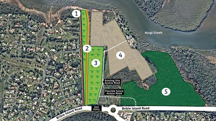 Map of Ningi property revegetation area, dredged material placement area and protected vegetation area