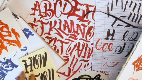 Images of calligraffiti and street art on paper.