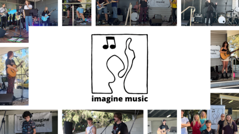 a collage image with multiple people performing with different musical instruments.