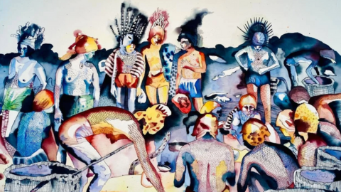 Watercolour art work showing men and women in bkue ad orange tones