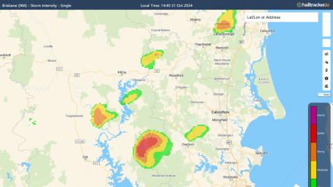 A storm intensity image for October 31 last year for the hailstorms that went through the hinterland areas of Moreton and the Sunshine Coast at 2pm.