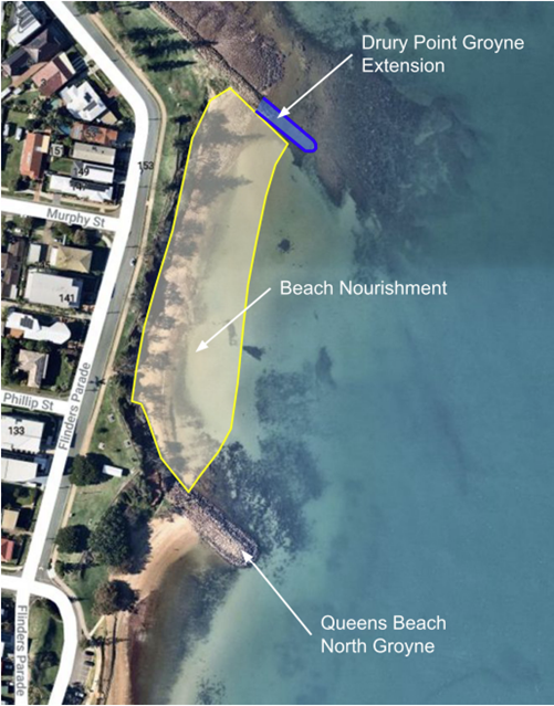 Aerial screen shot from Google maps of the beach area on Flinders Parade Cliffs