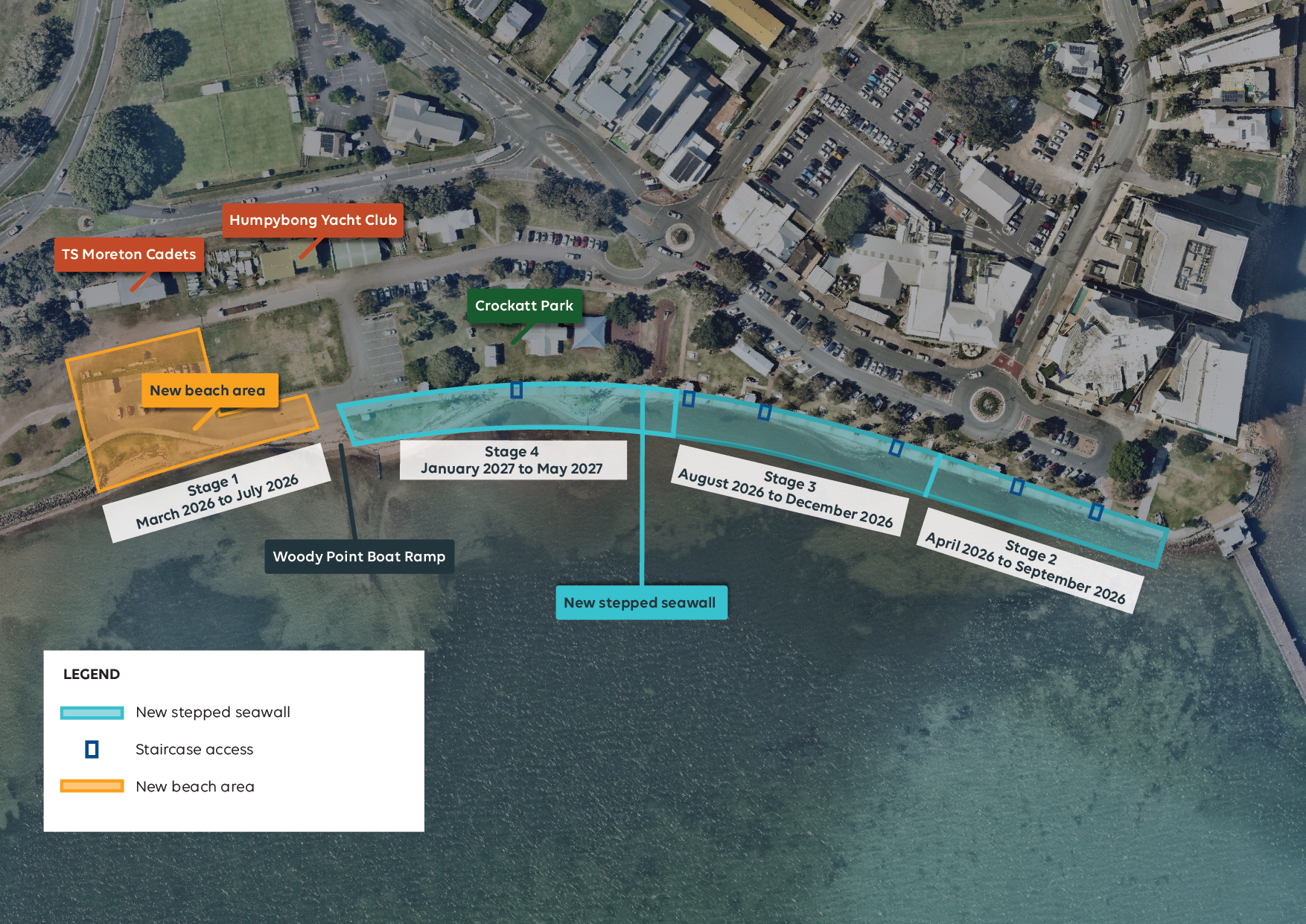 An Aerial view from Google maps showing the location of the new seawall included dates as indicated below.