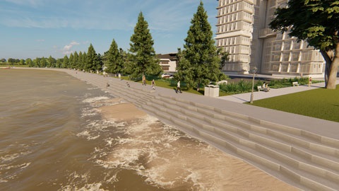 Rendered image of Woody Point beach with trees and buildings in the background