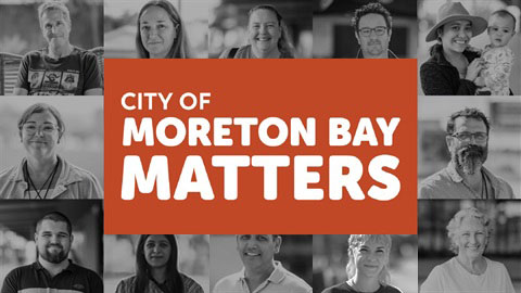 Collage of people in black‑and‑white photos surrounding a central orange banner with the words ‘City of Moreton Bay Matters’.