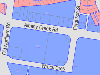 Map showing Centre zone properties around the intersection of Albany Creek Road and Ferguson Street, with nearby roads including Old Northern Road and Wruck Crescent highlighted.