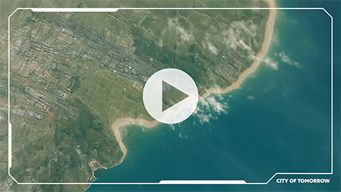 Aerial image of City of Moreton Bay with playback logo