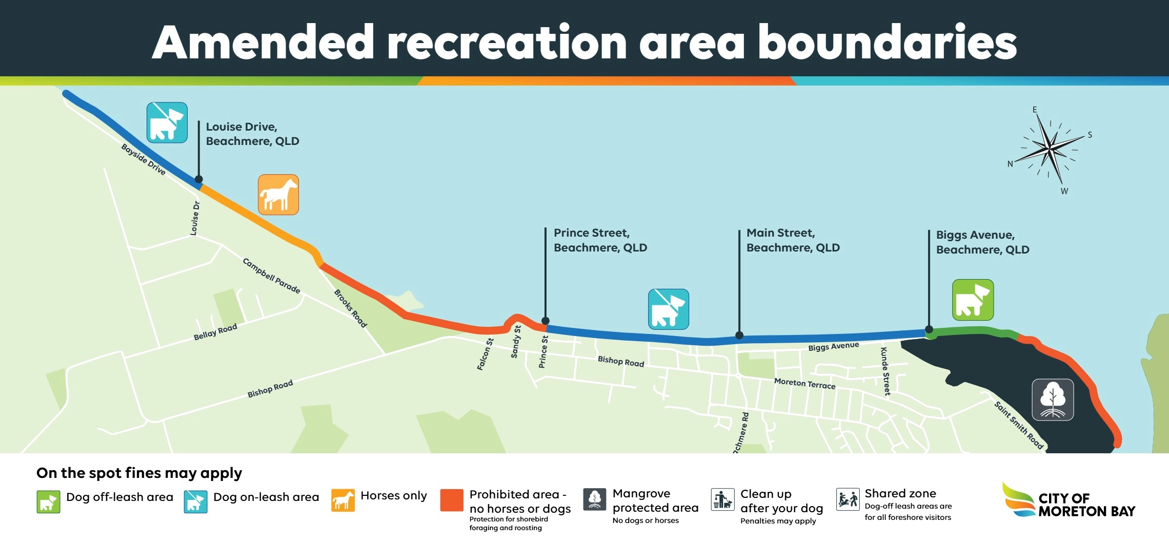 A map outlining Beachmere recreation area for dog and horse areas. Text says on the spot fines may apply. 