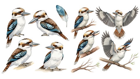 Illustrations of a kookaburra in different poses.