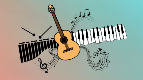 Collage of a guitar, keyboard, percussion instruments, and flowing musical notes on a soft gradient background.