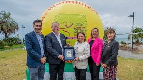 City of Moreton Bay Councillor Karl Winchester, Mayor Peter Flannery, Softball Australia CEO Sarah Loh, Deputy Mayor Jodie Shipway and Councillor Sandra Ruck at the softball announcement in Redcliffe.